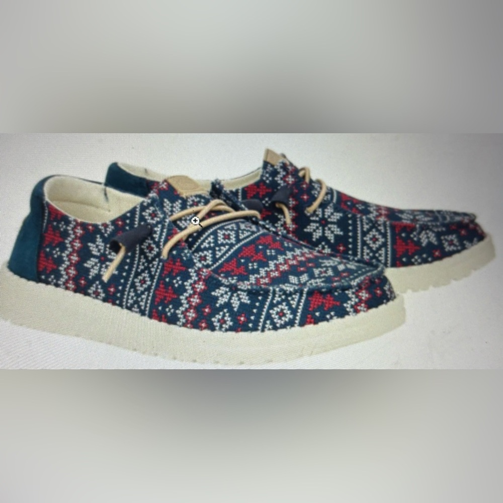 Hey Dude Christmas themed shoes, all day wear, thick cushioned sole